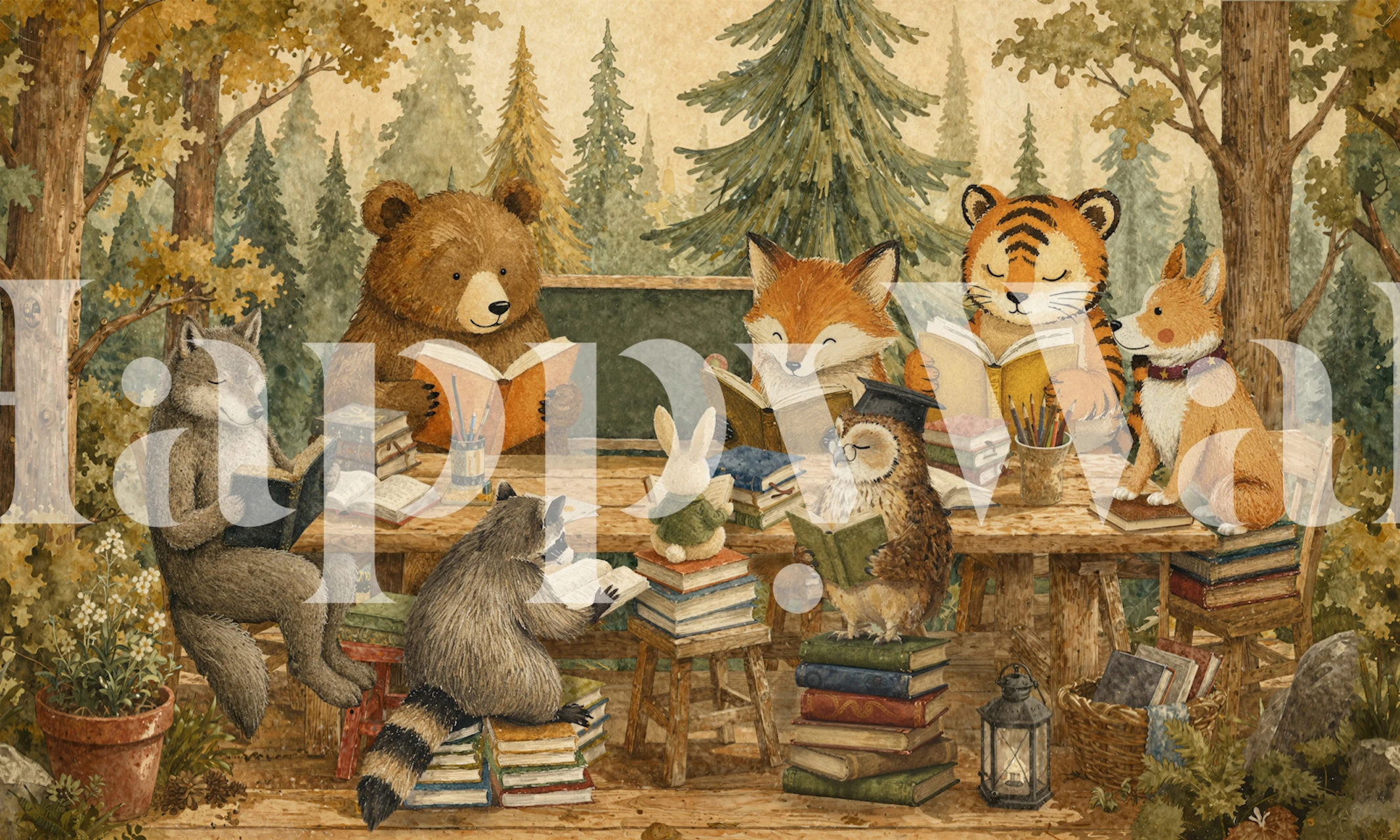 Cute forest animals reading mural in a room