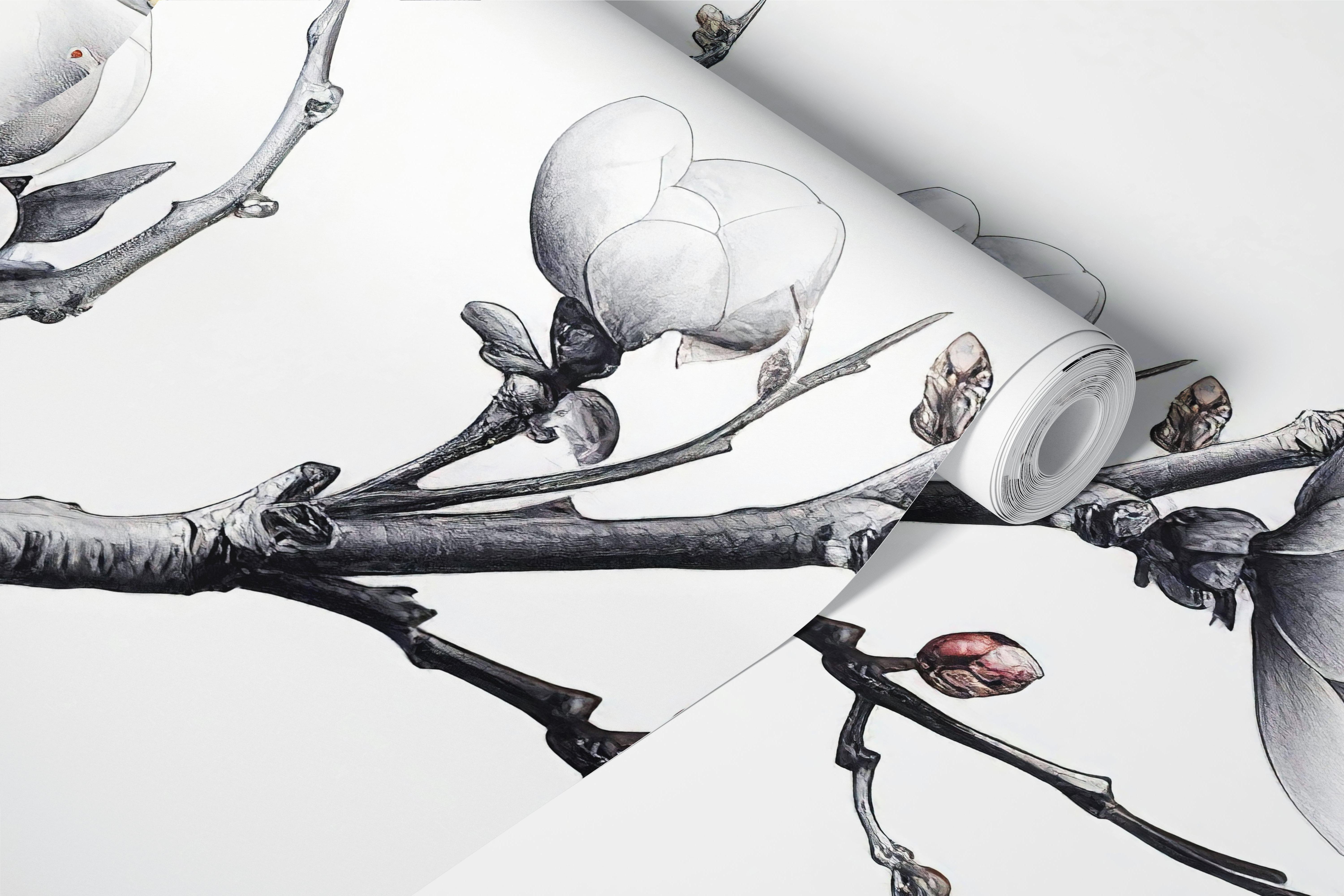 White cherry blossom branch wallpaper in a room
