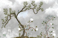 Serene Chinoiserie Pine and White Blossoms tapety