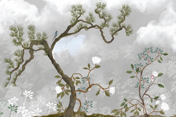 Serene Chinoiserie Pine and White Blossoms