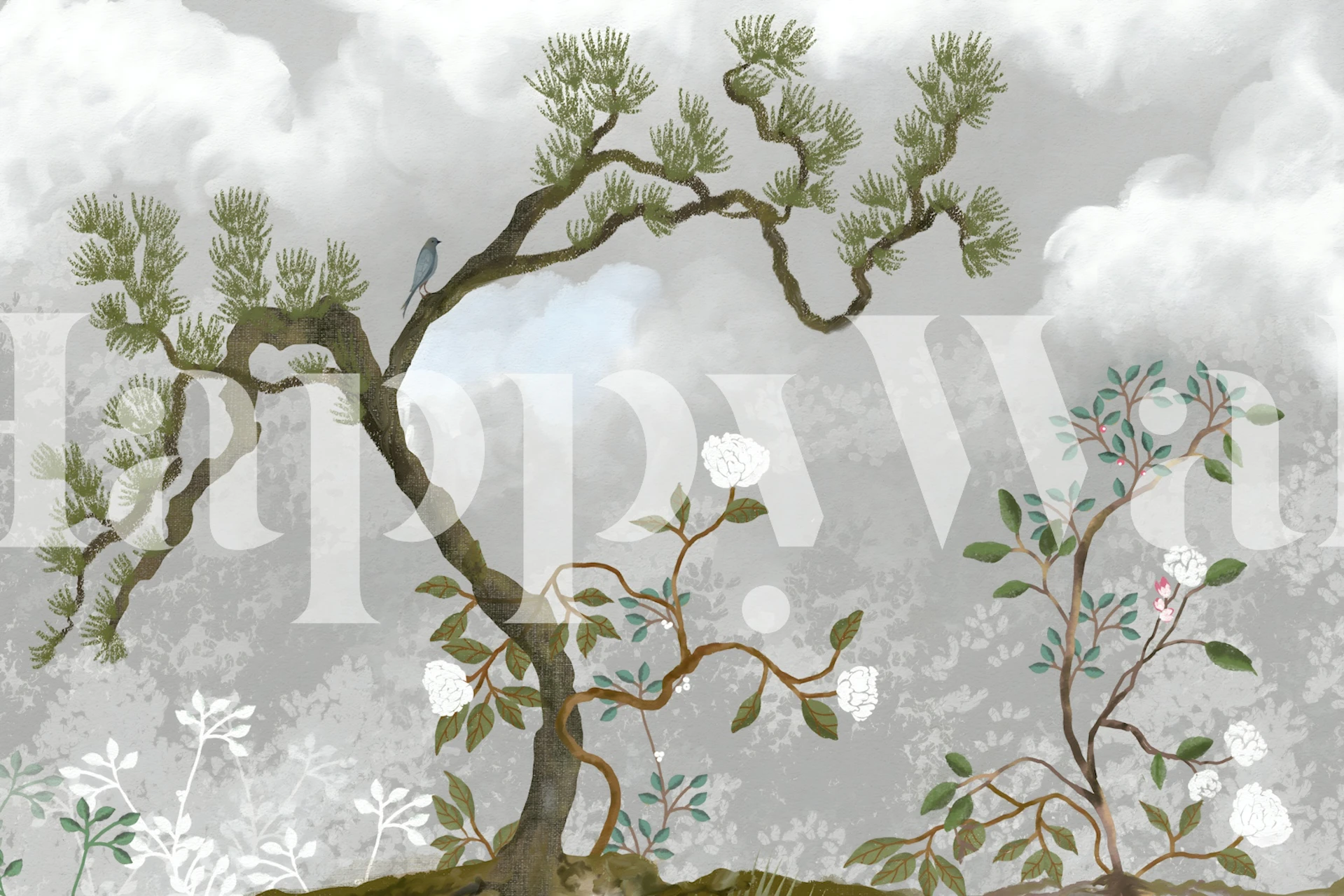 Chinoiserie pine wallpaper in a soft grey room