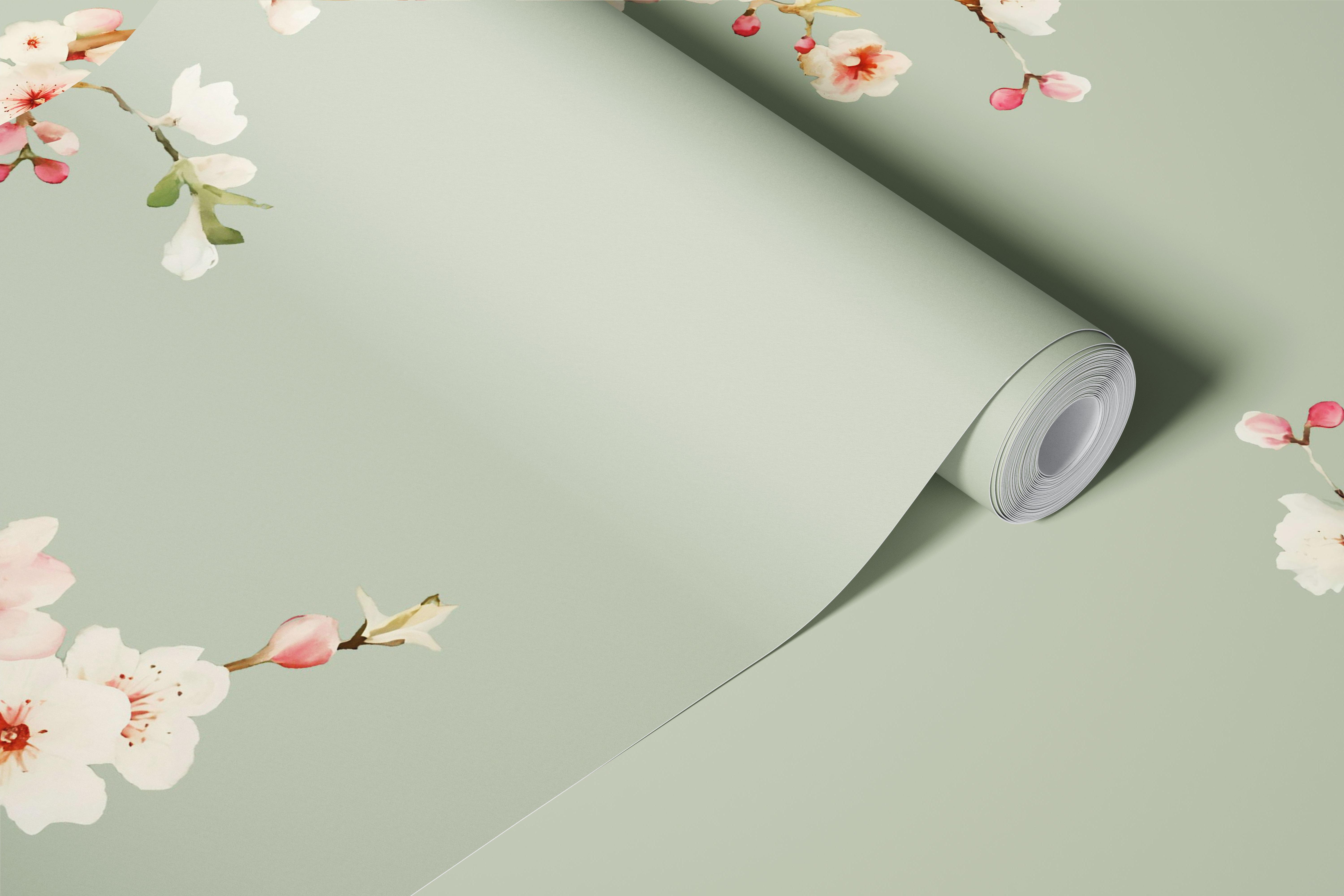 Salviegrøn tapet med kirsebærblomstgren design