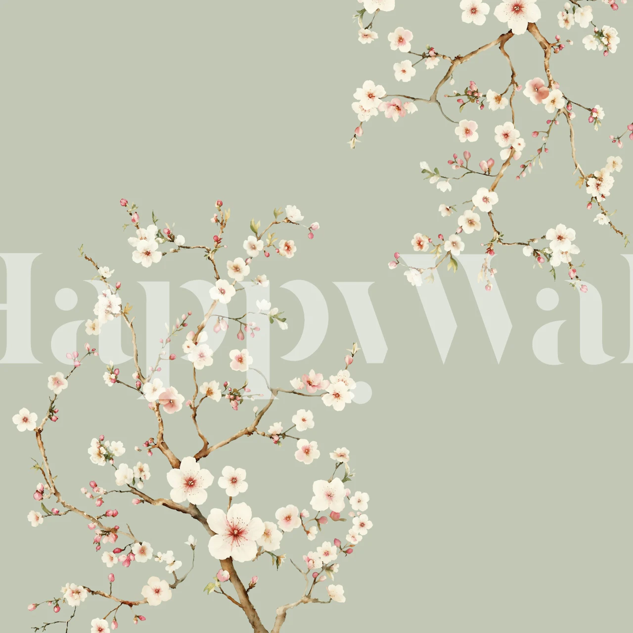 Sage green cherry blossom branch wallpaper design