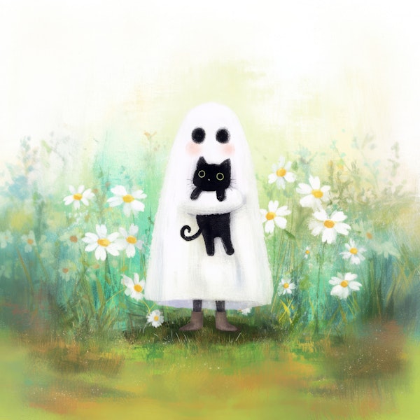 Cute Ghost Holding Black Cat in Daisy meadow