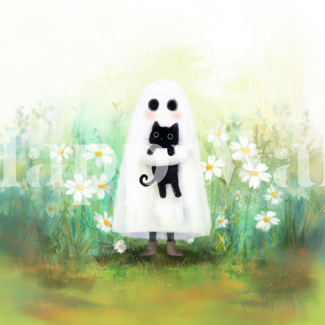 Cute ghost holding a black cat in a meadow