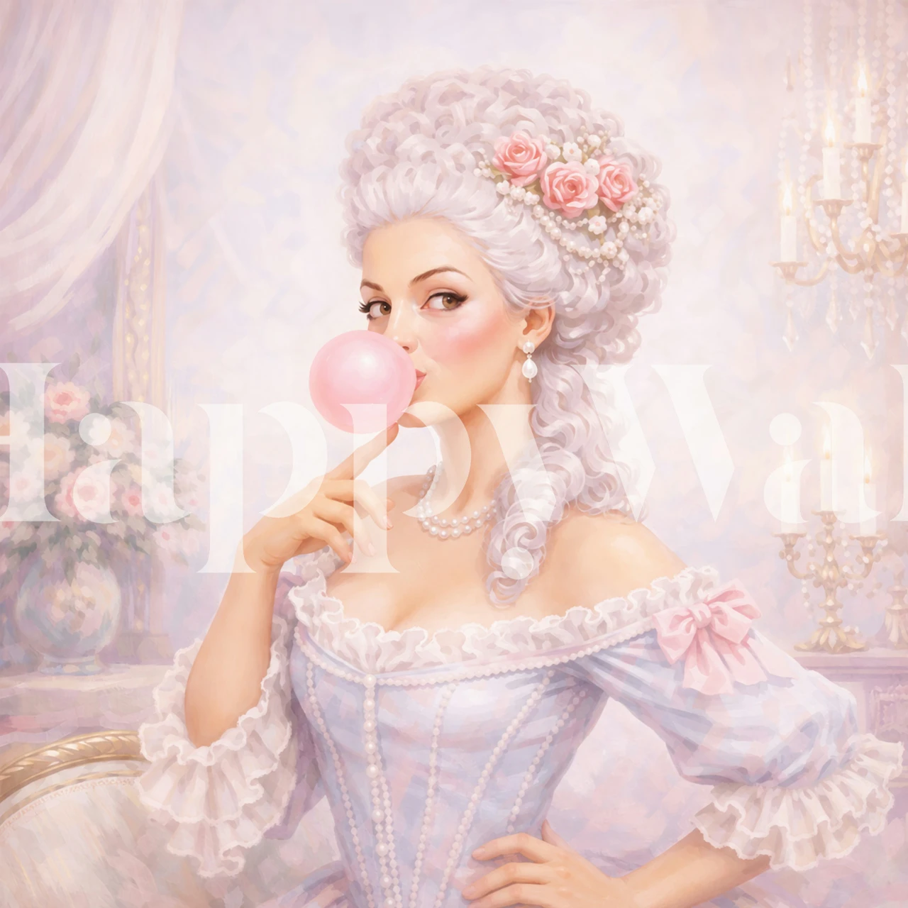 Rococo Lady Blowing Bubblegum wallpaper in a room