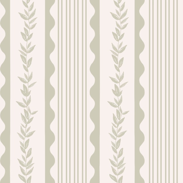 Soft Green Botanical Wavy Stripes