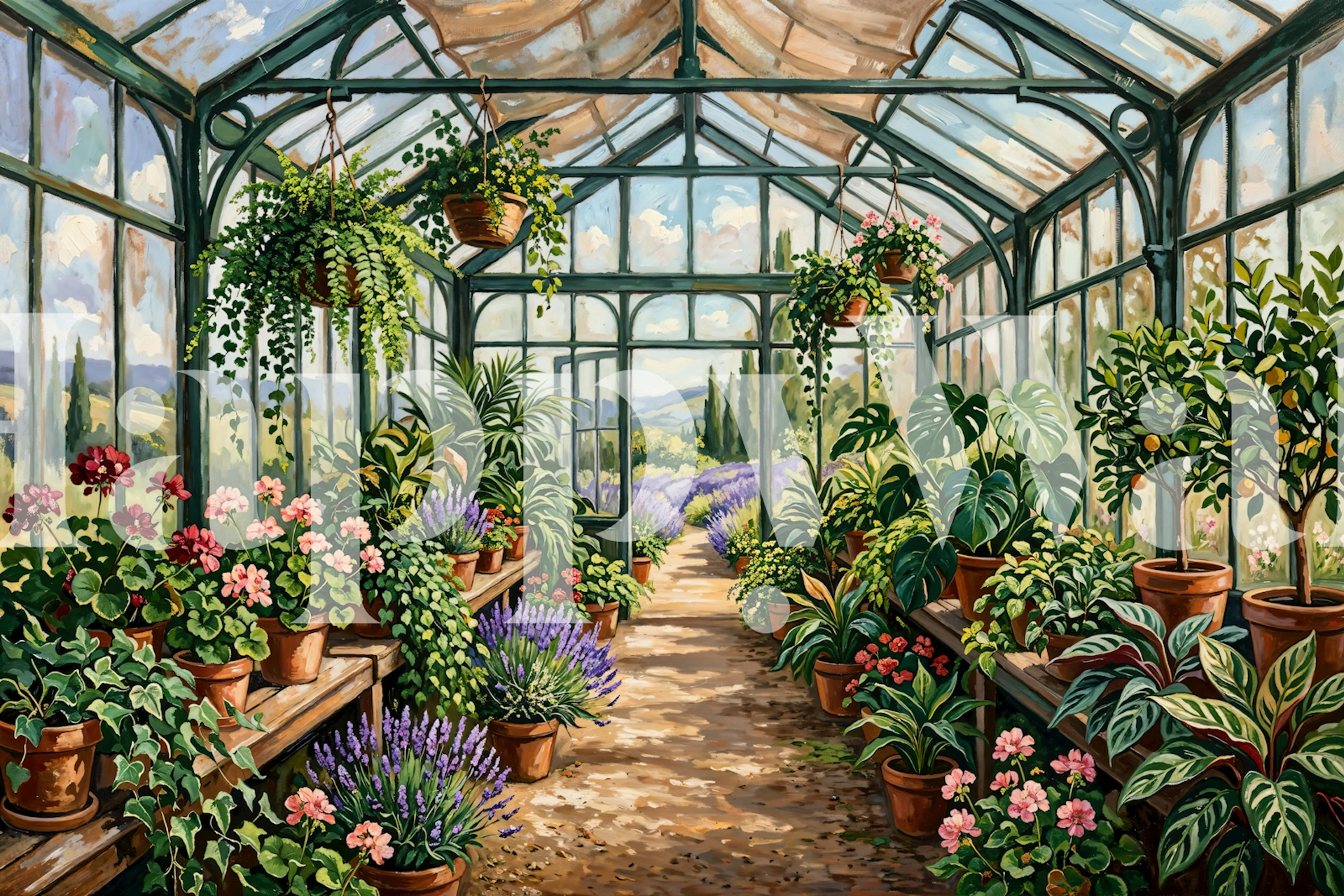 French greenhouse with lavender wallpaper