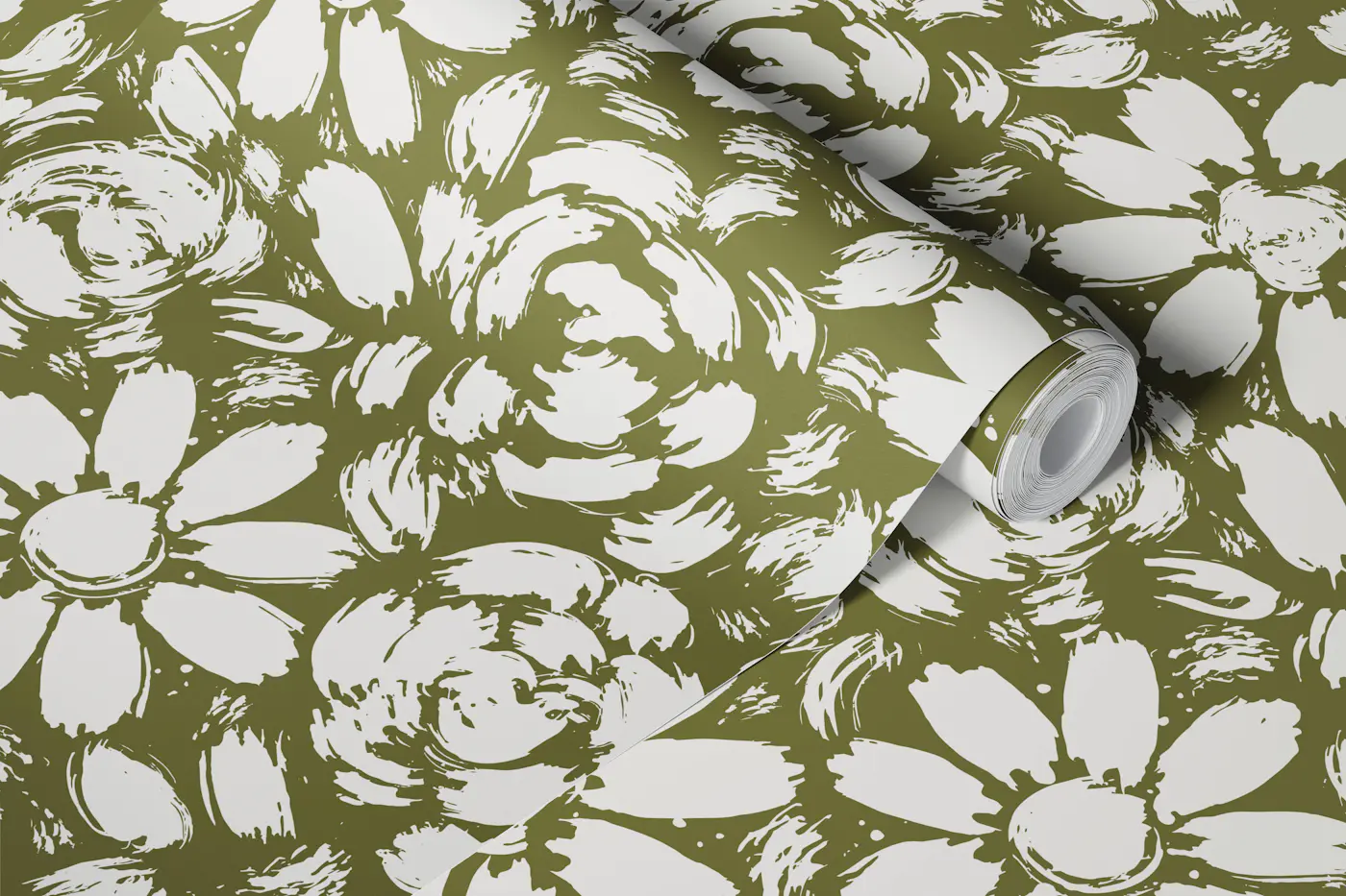 Sage Green Daisy Rose Blooms wallpaper roll