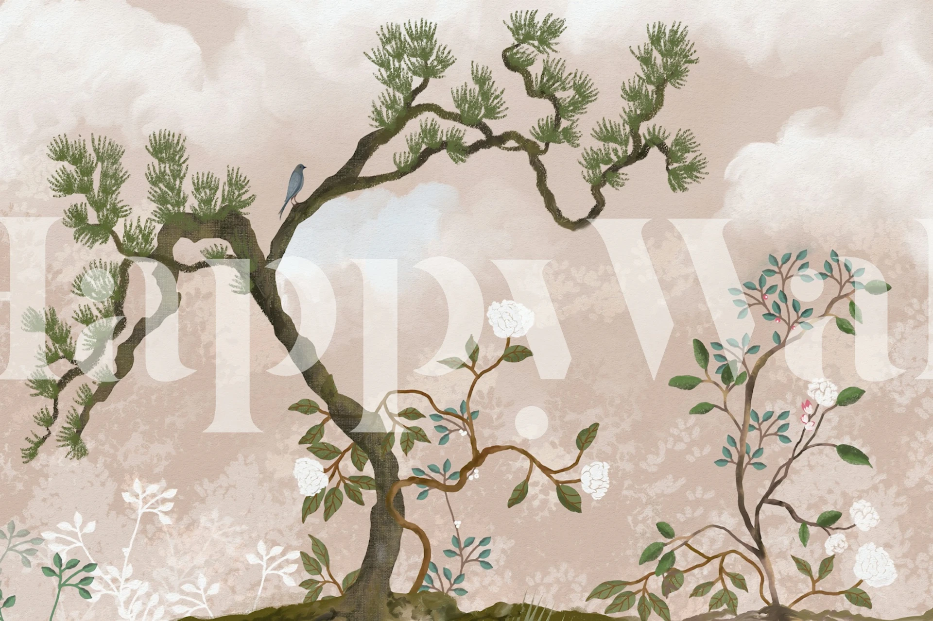 Tapeta z miękkim pastelowym krajobrazem z sosnami w pokoju