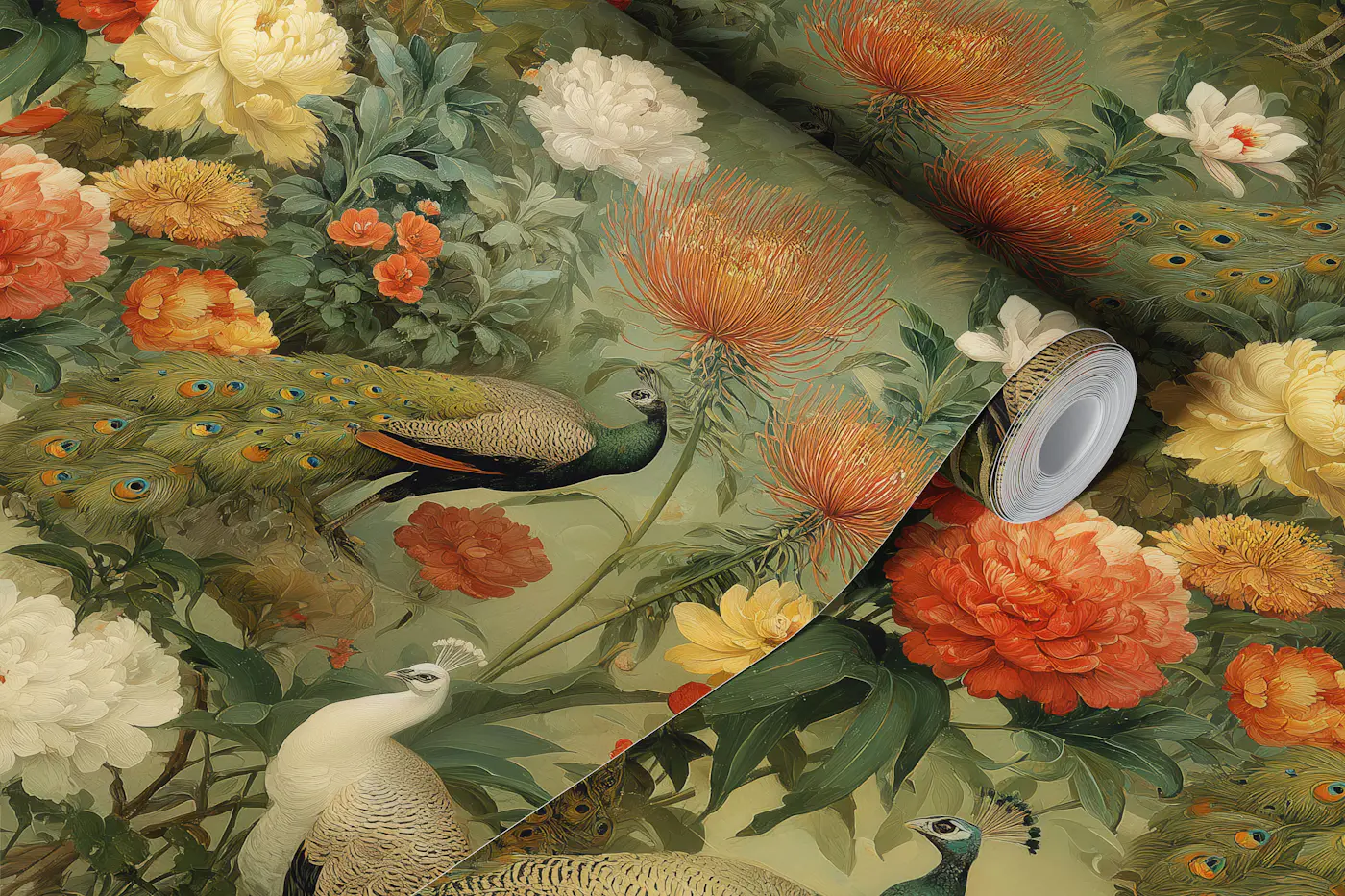 Vintage Peacock Garden Elegance wallpaper roll