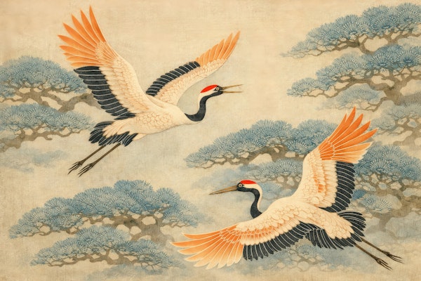 Japanese Cranes in Flight