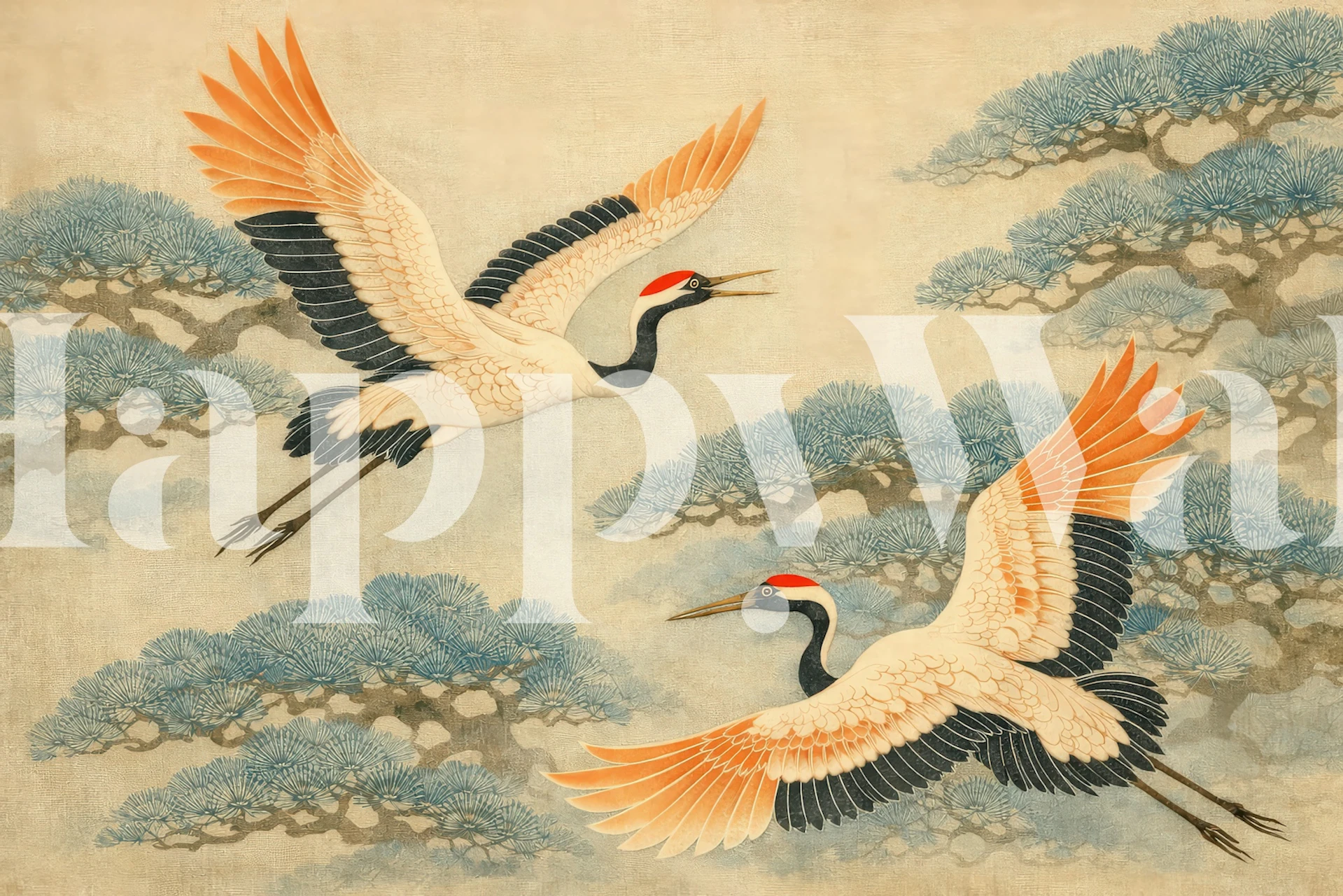Tapeta z japońskimi żurawiami w locie w pokoju