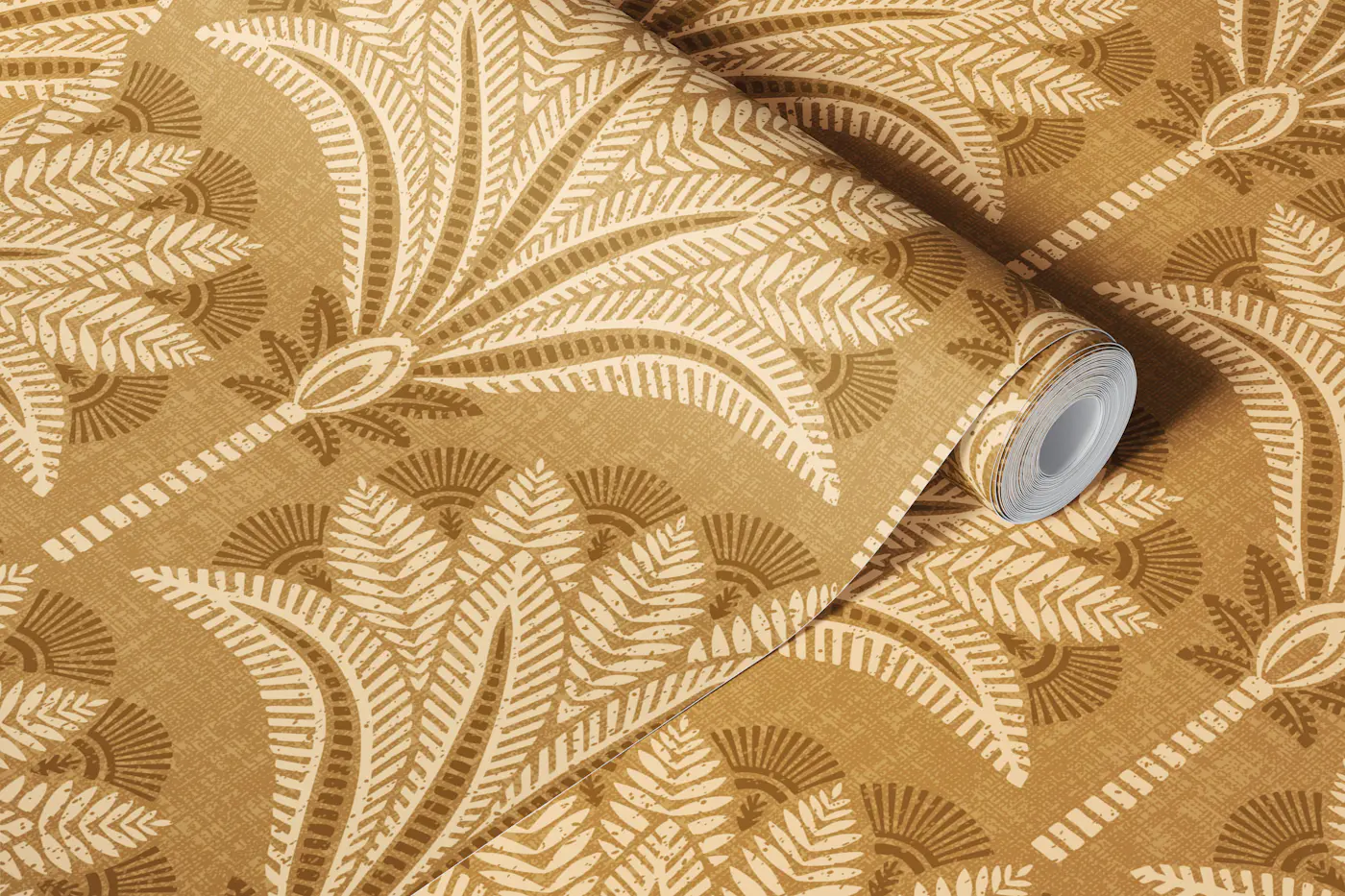 Boho block print palms in ochre wallpaper roll