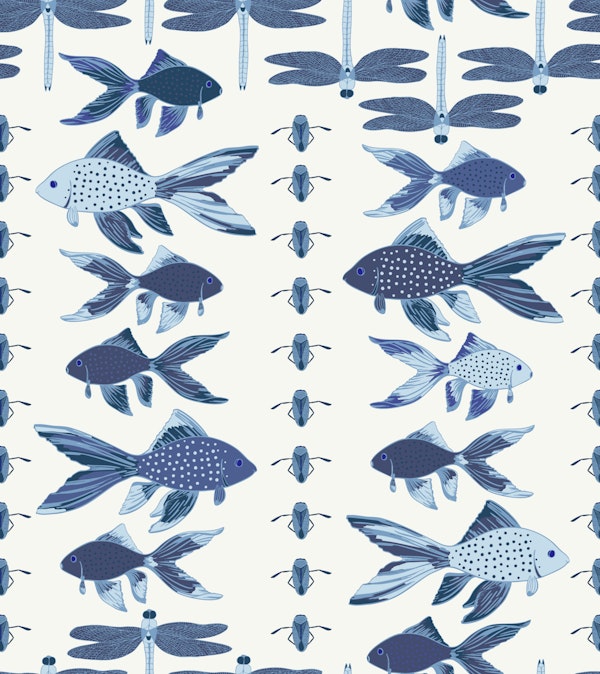 Blue Whimsical Fish Beetles and Dragonflies
