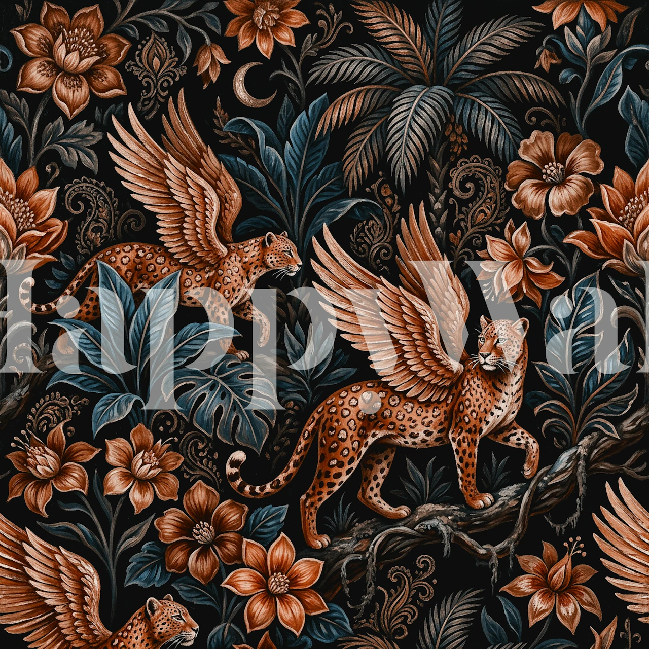 Mystical teal leopard wallpaper in a room