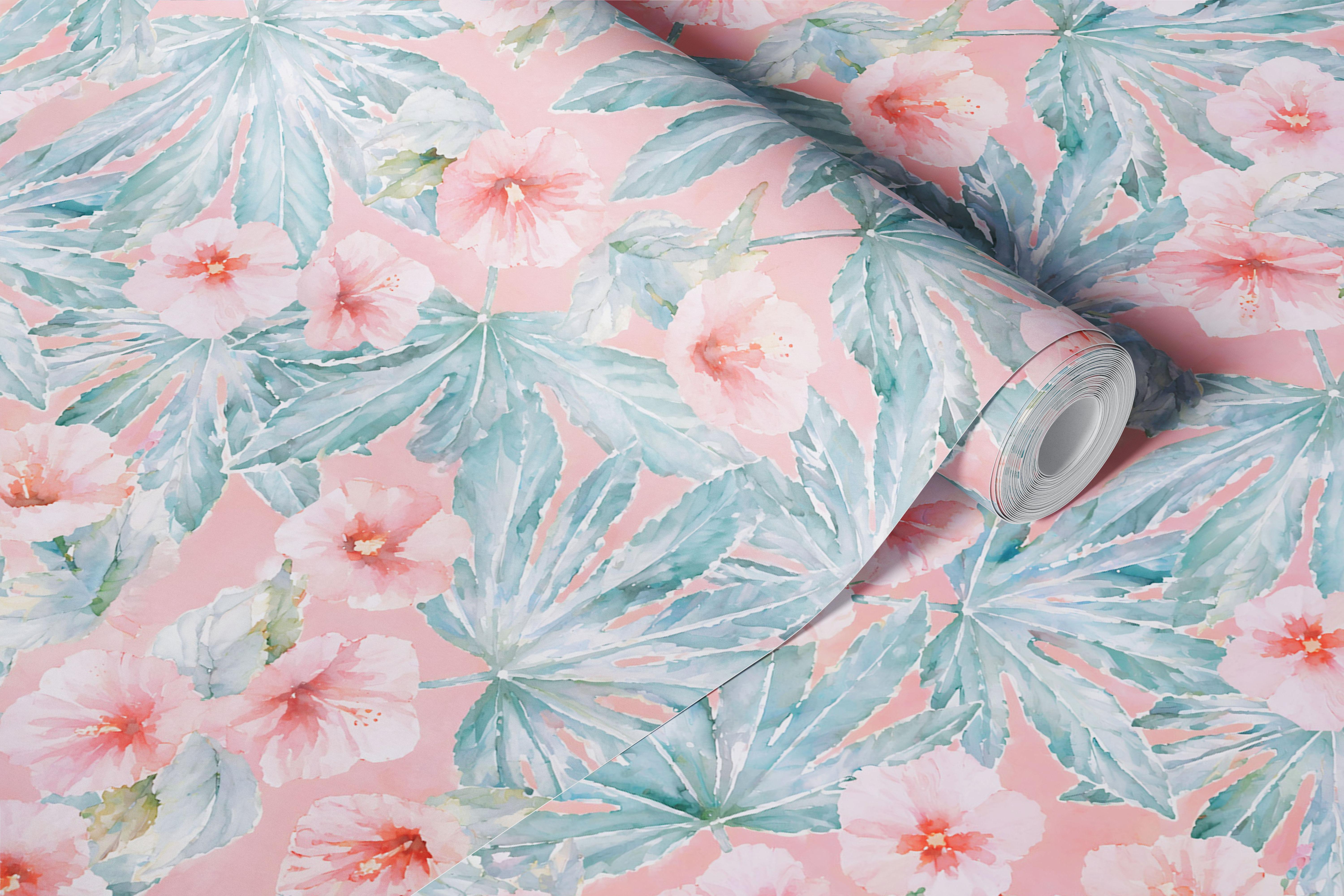 Blush Tropical Hibiscus Leaves tapet într-o cameră