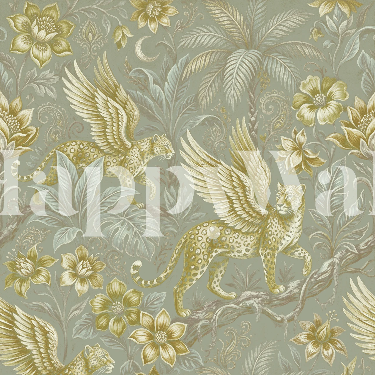 Mystieke salie luipaard junglebehang in een kamer