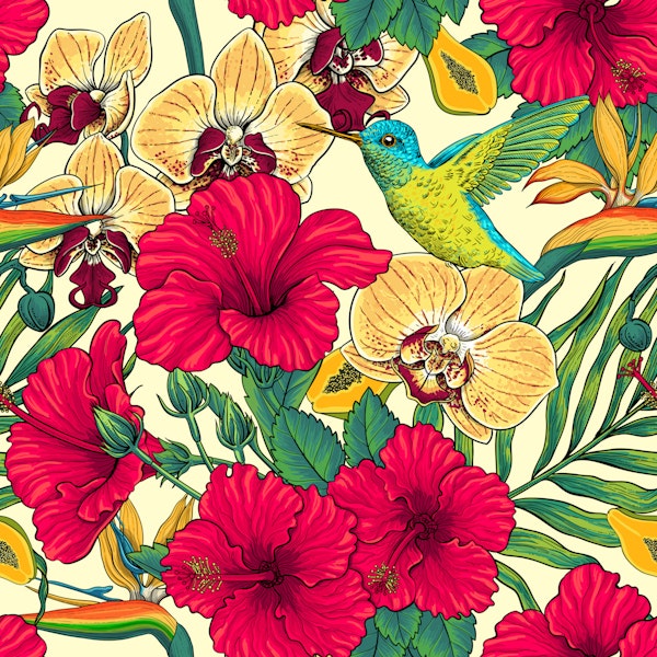 Tropical Florals and Hummingbird