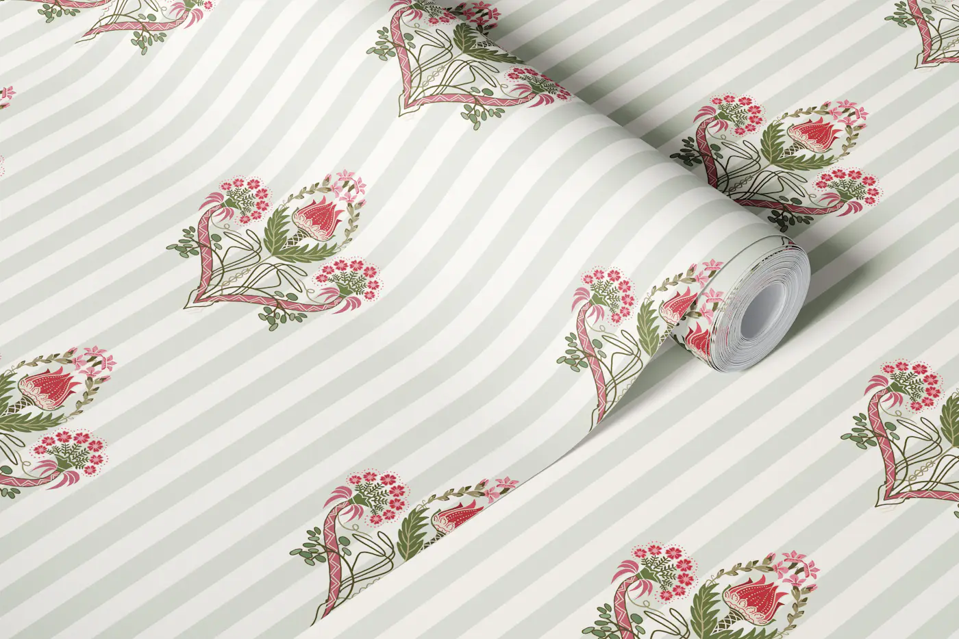 Rosebud Mucha Medallion on Soft Stripes wallpaper roll