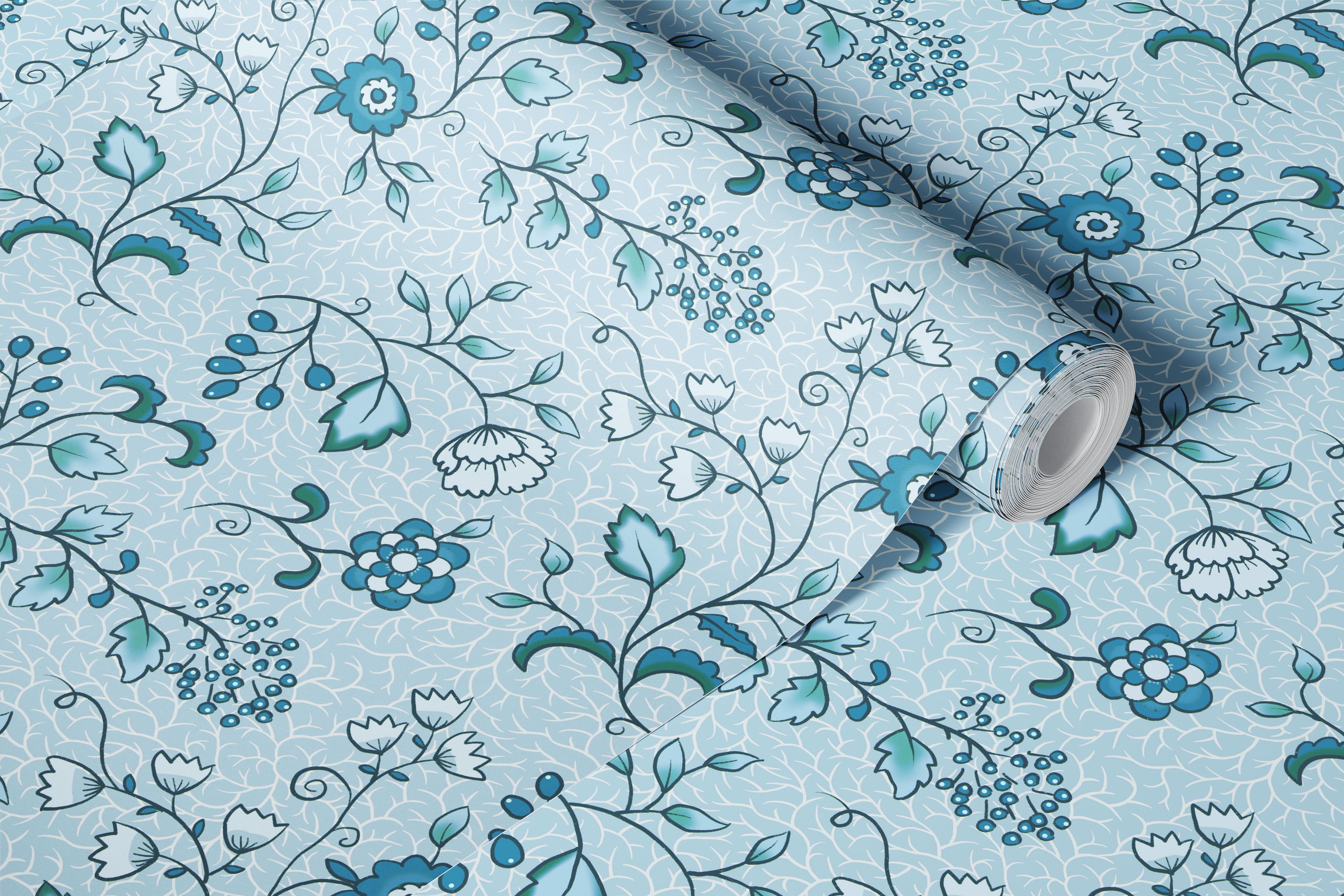 Powder Blue Botanical Scrolls wallpaper in a room