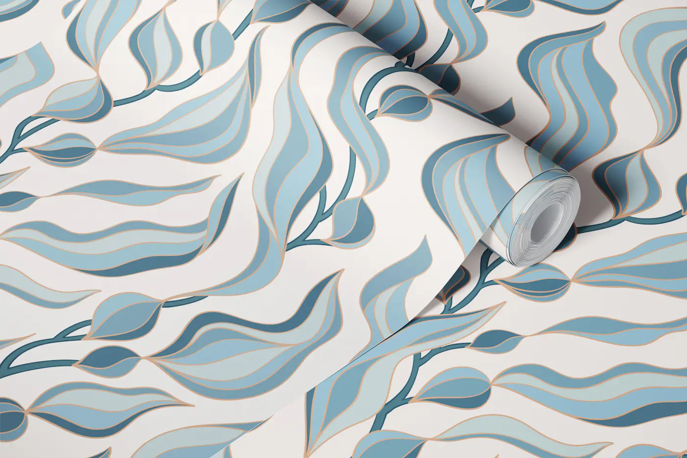 Nautical blue and gold kelp - small scale wallpaper roll