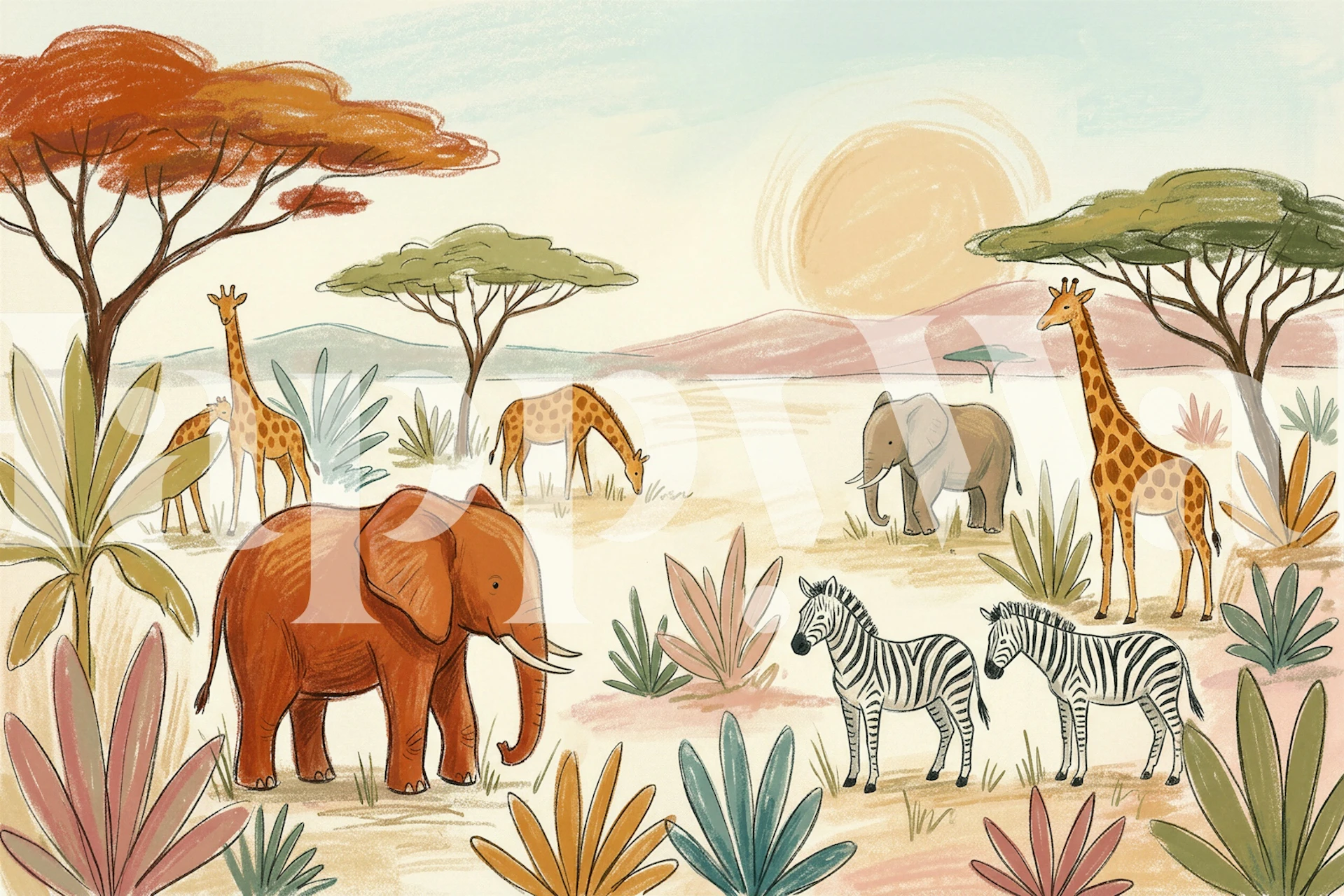 Nursery with Safari Elephant and Giraffe wallpaper