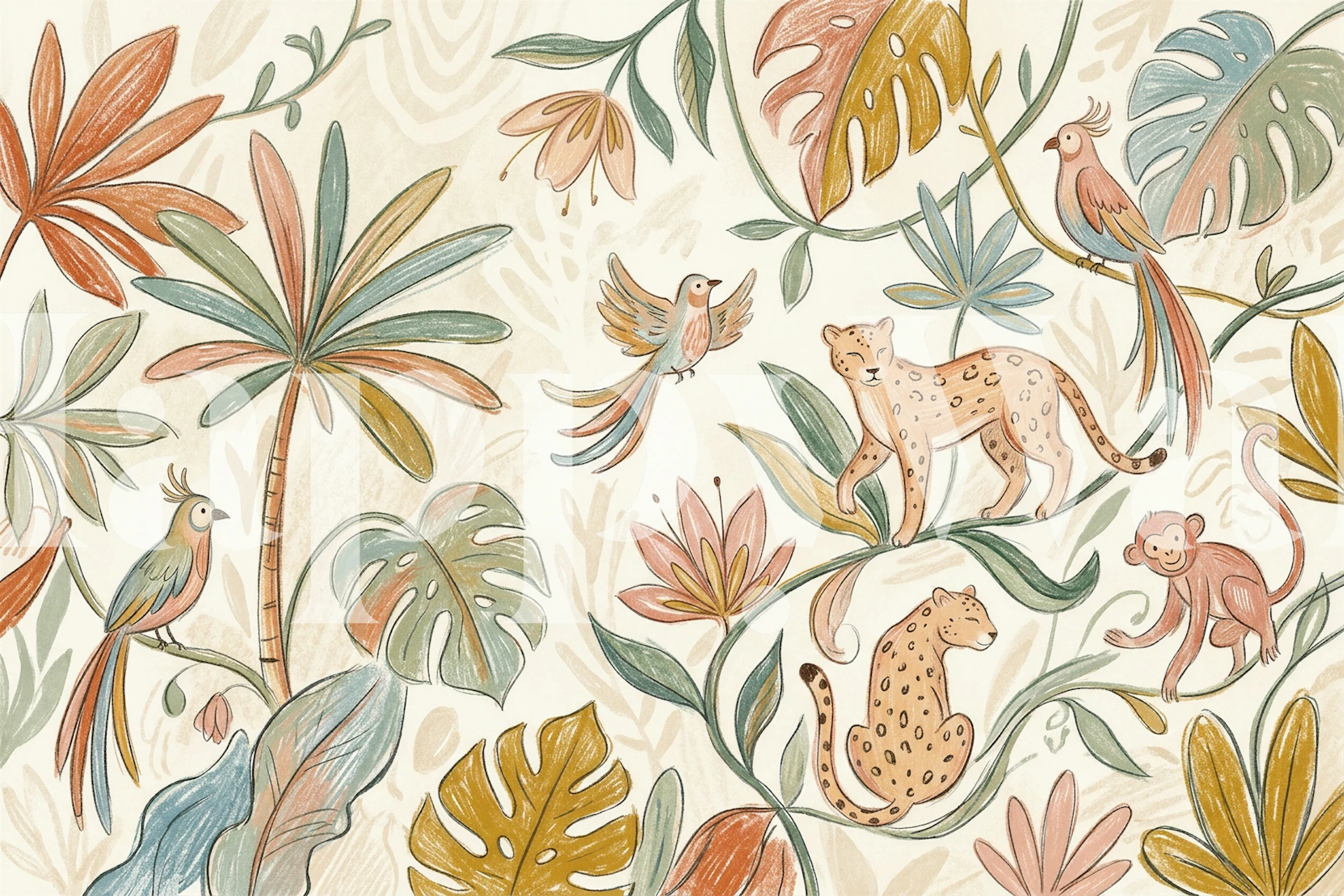 Pastel jungle dyr tapet i et rum