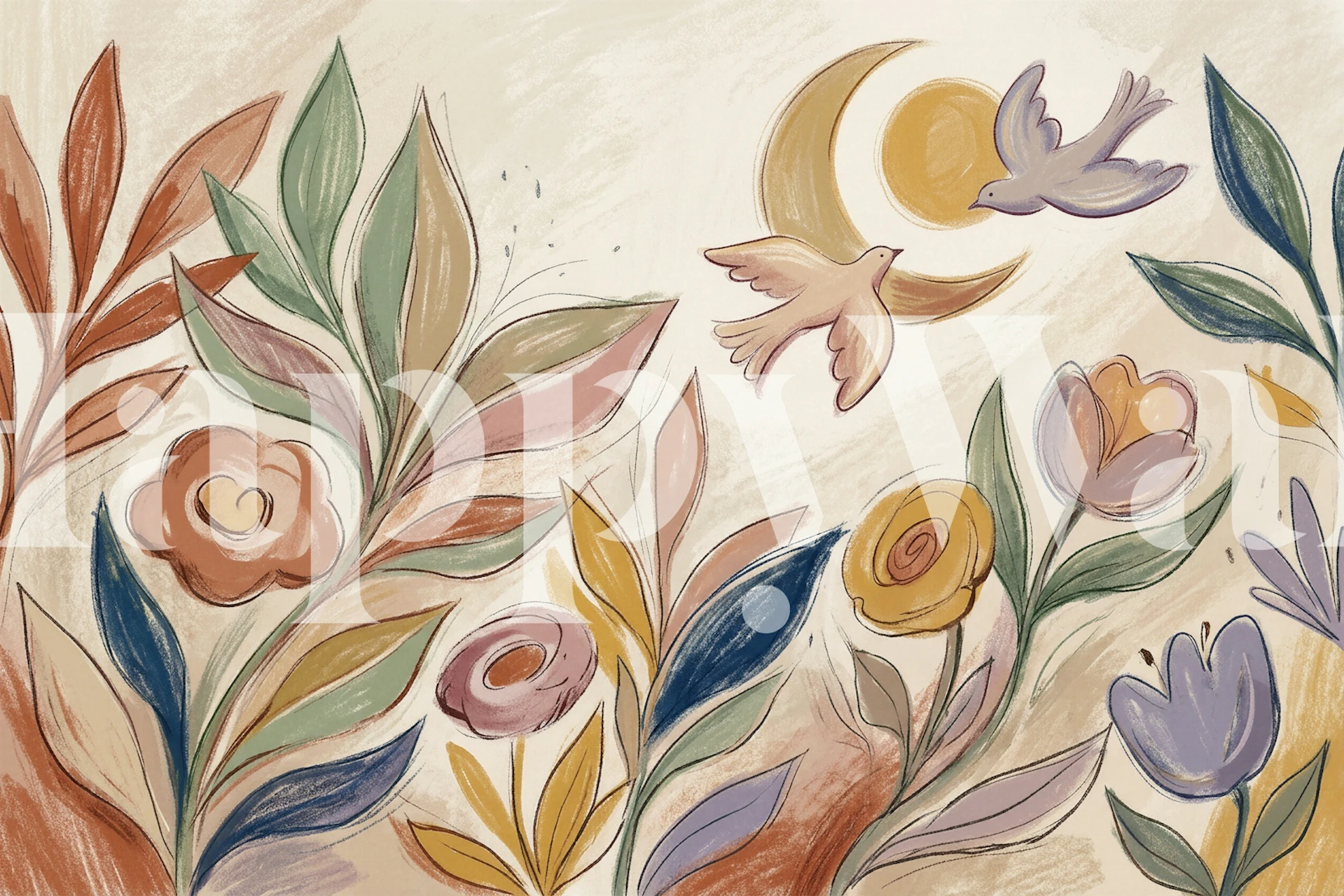 Boho Floral Moon Doves tapete