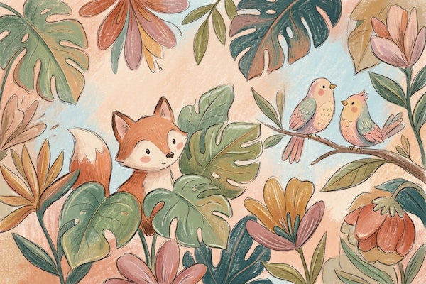 Whimsical Fox in Tropical Leaves