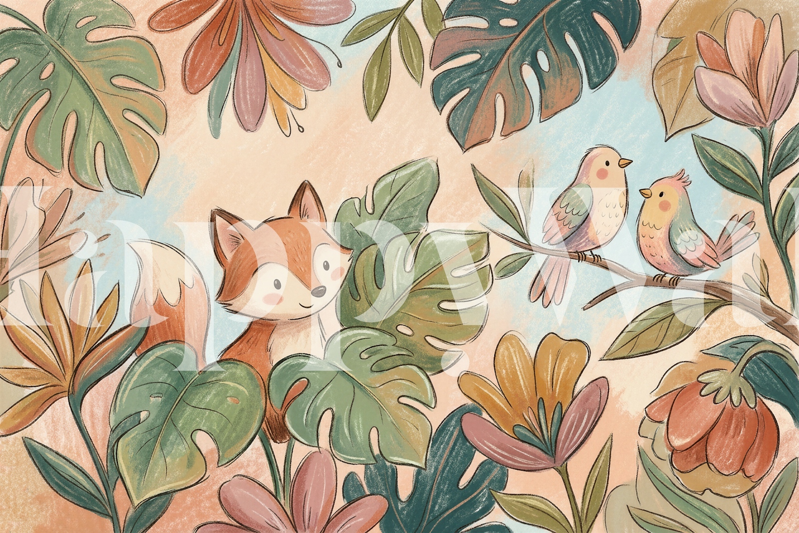 Whimsical fox wallpaper in a colorful room