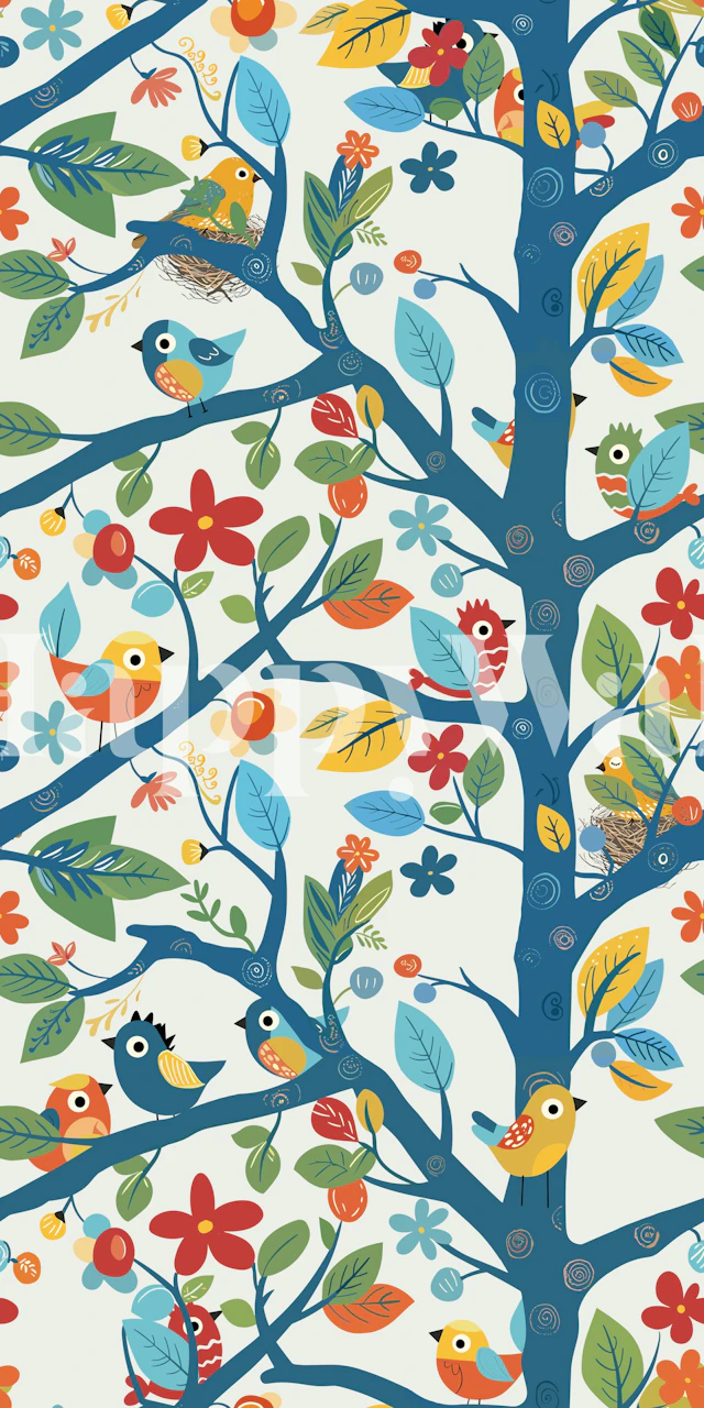 Playful Nursery Bird Tree tapet
