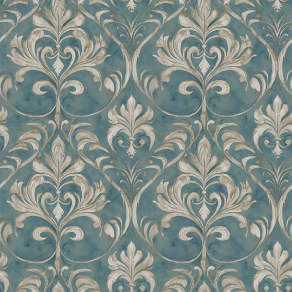 Teal Baroque Damask Scrolls
