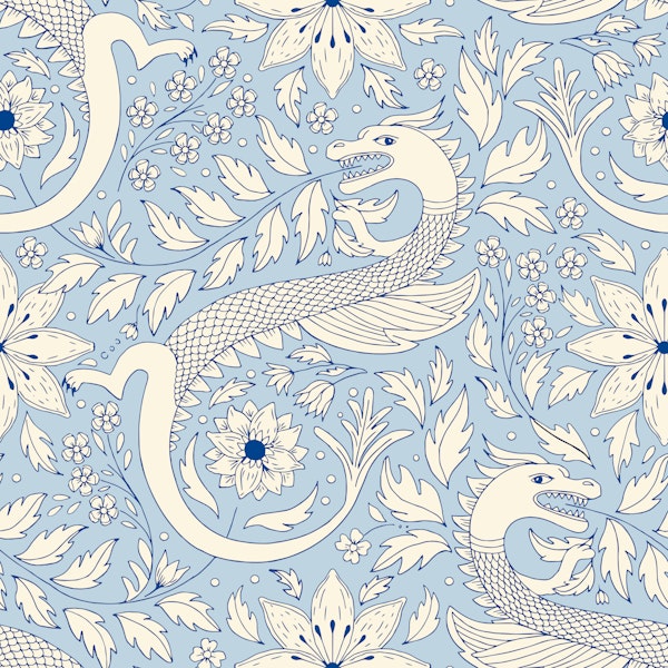 celestial dragons spying flowers pastel blue