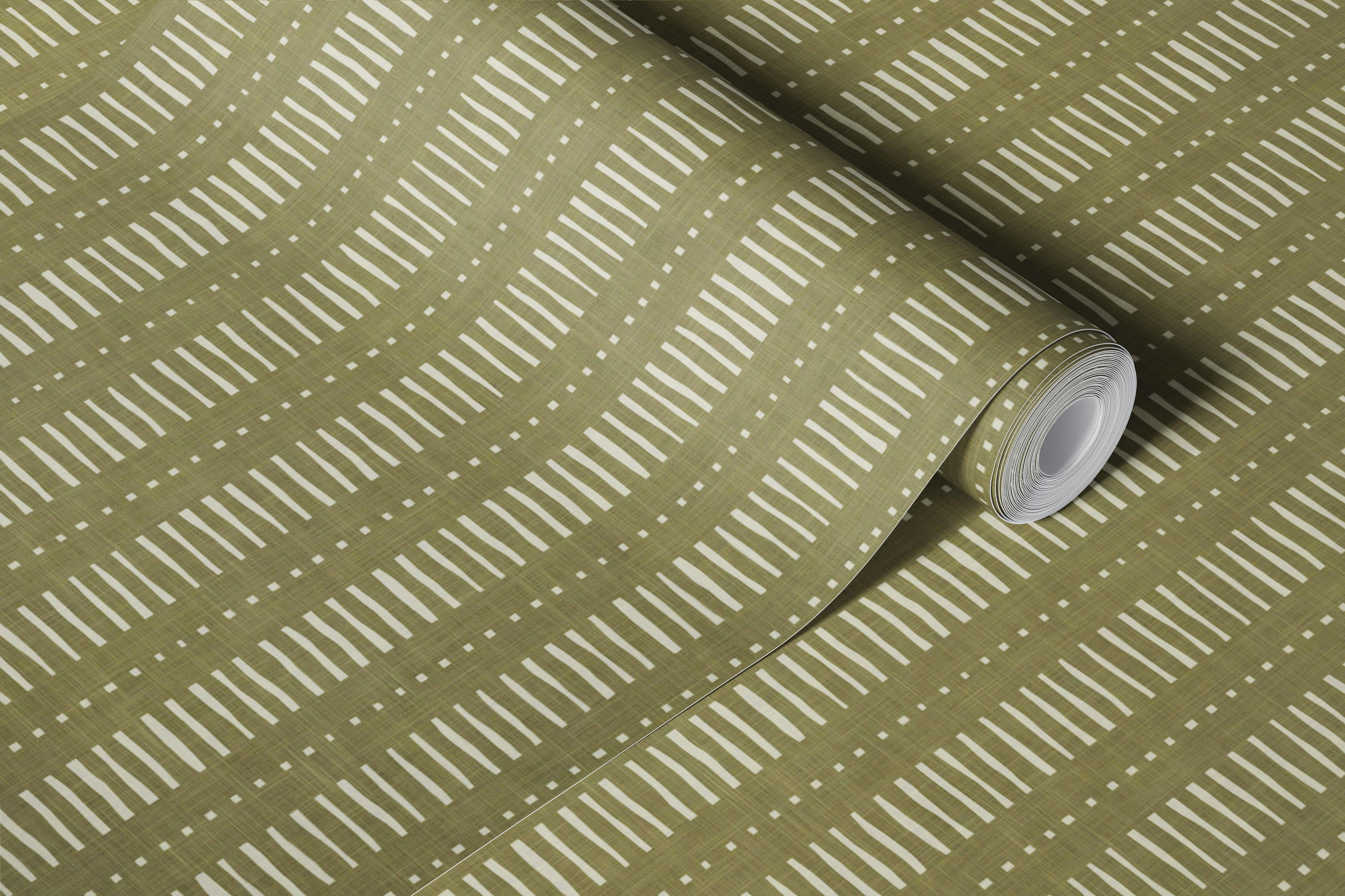 Papel pintado de rayas con puntos y guiones en amarillo y oliva