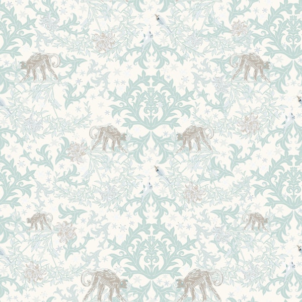 Symmetrical Monkeys with Teal Acanthus