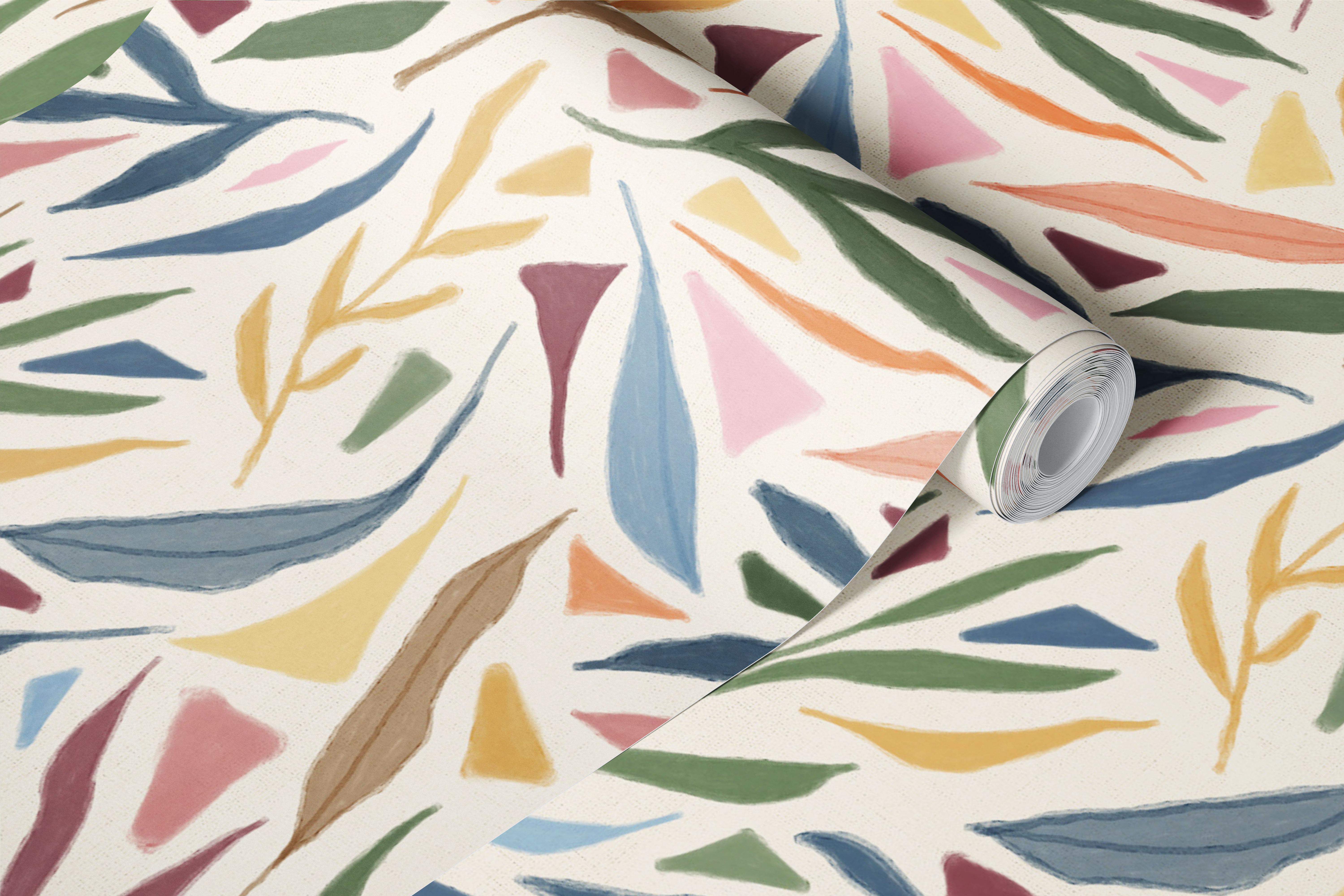 Tropical painted collage wallpaper in a bright room