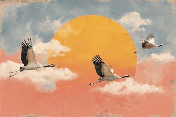 Sunset Cranes in Flight