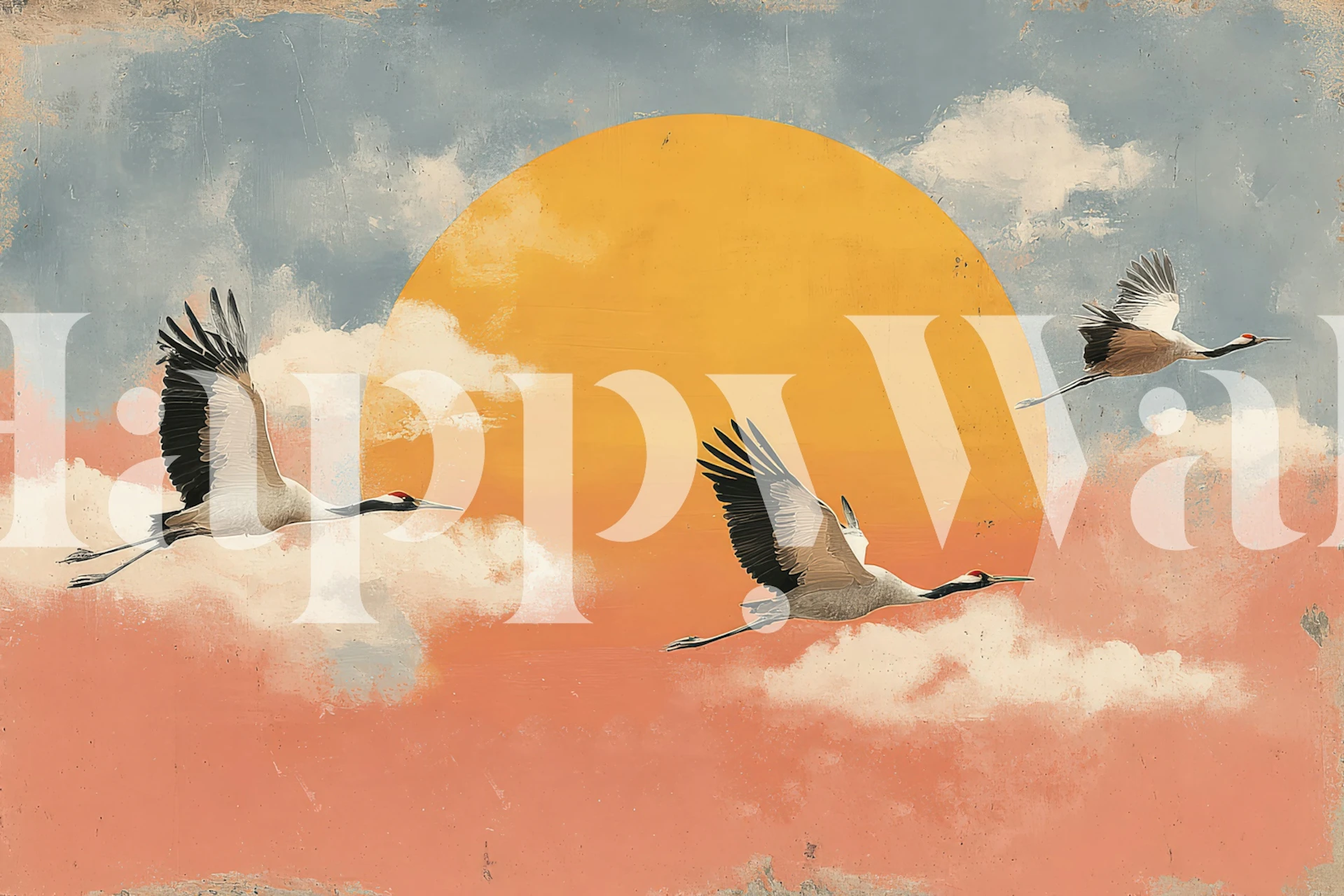 Cranes flying against a sunset wallpaper