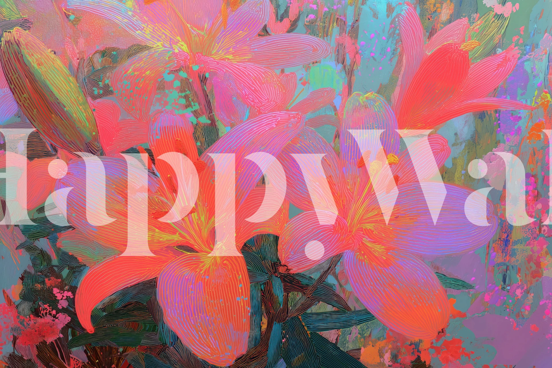 Vibrant neon floral wallpaper in a room