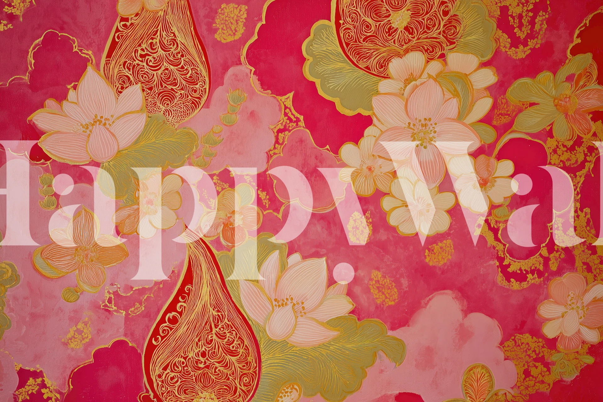 Ornate Red Gold Blossoms wallpaper in a room