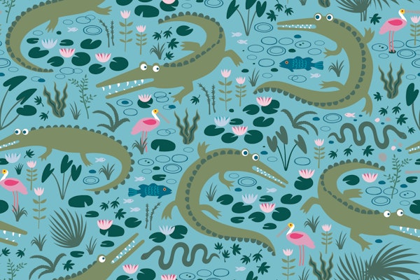 American Alligators and Spoonbills - Blue - M