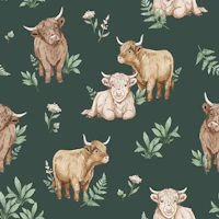 Highland Cows - dark green carta da parati