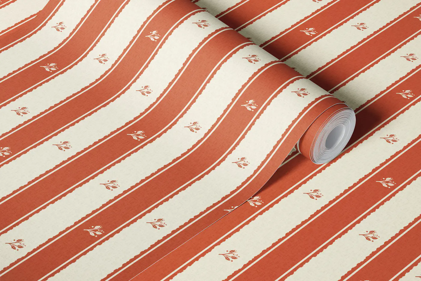 Terracotta Stripe Floral Sprigs wallpaper roll