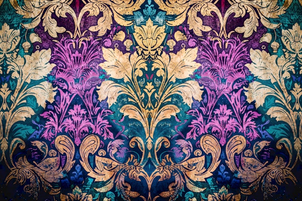 Moody Teal Purple Damask Mural