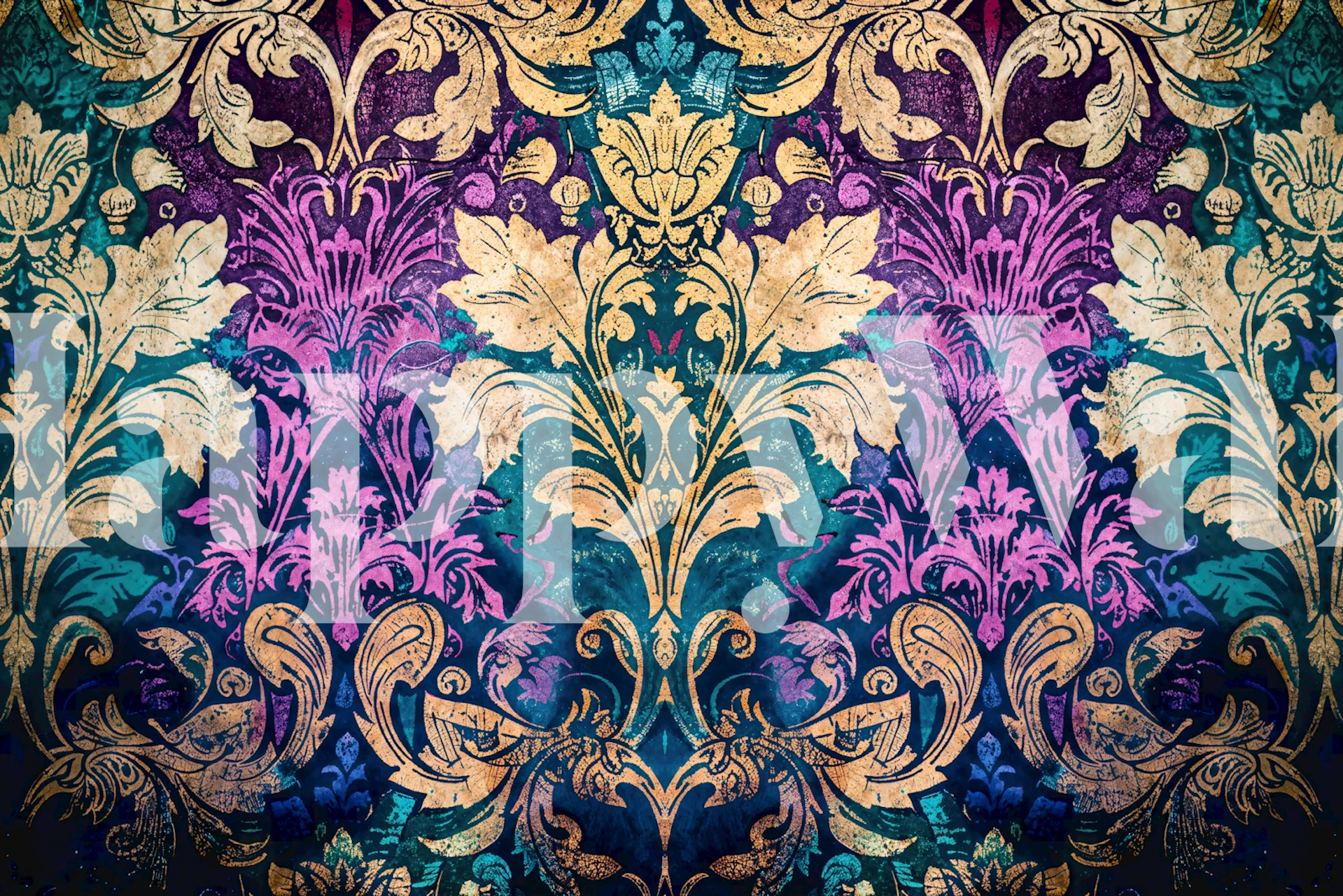Moody Teal Purple Damask Mural tapet