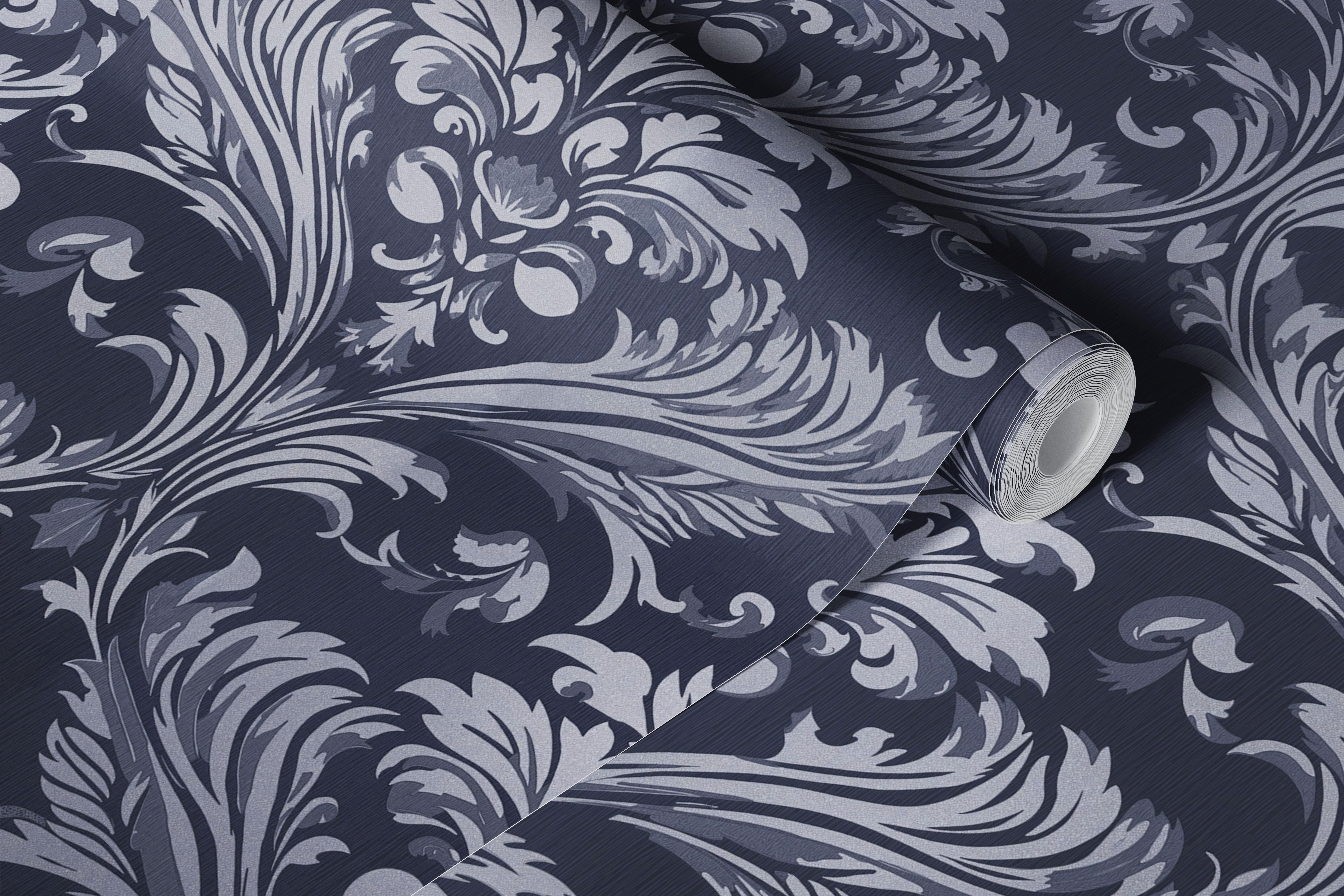 Classic damask wallpaper in navy and gray