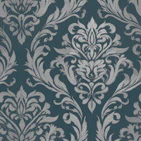 Silver Botanical Damask Teal wallpaper