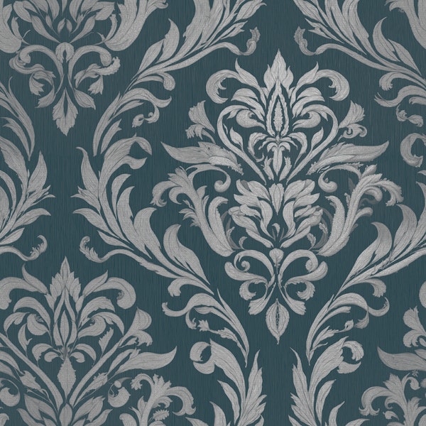 Silver Botanical Damask Teal