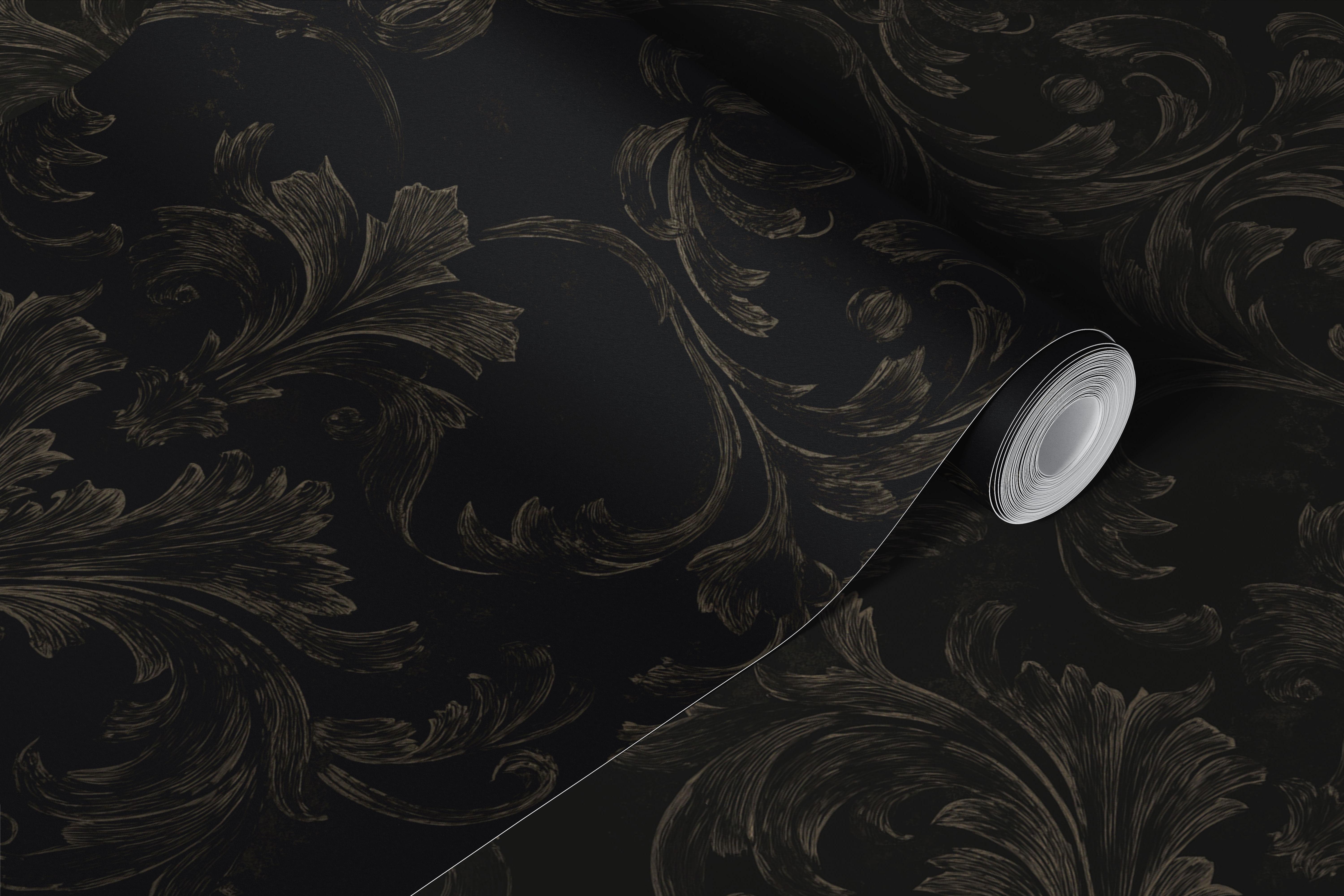 Black damask wallpaper in a dark room